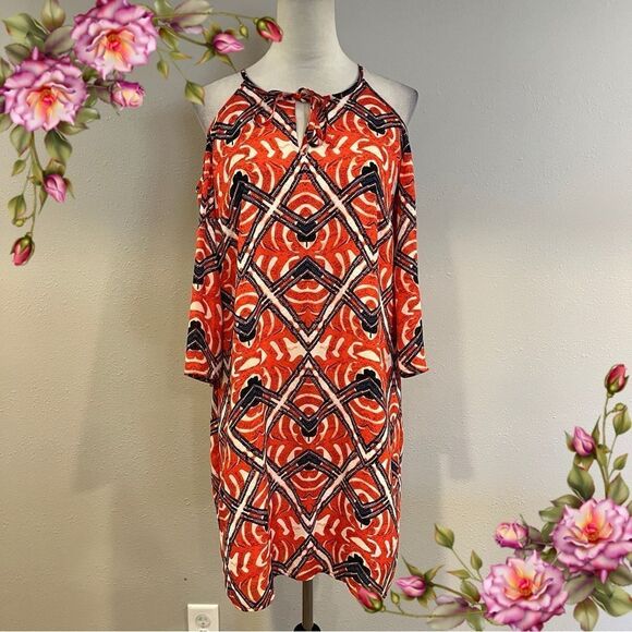 Vibrant Geometric Pattern cold shoulder a-line Dress - Picture 1 of 13